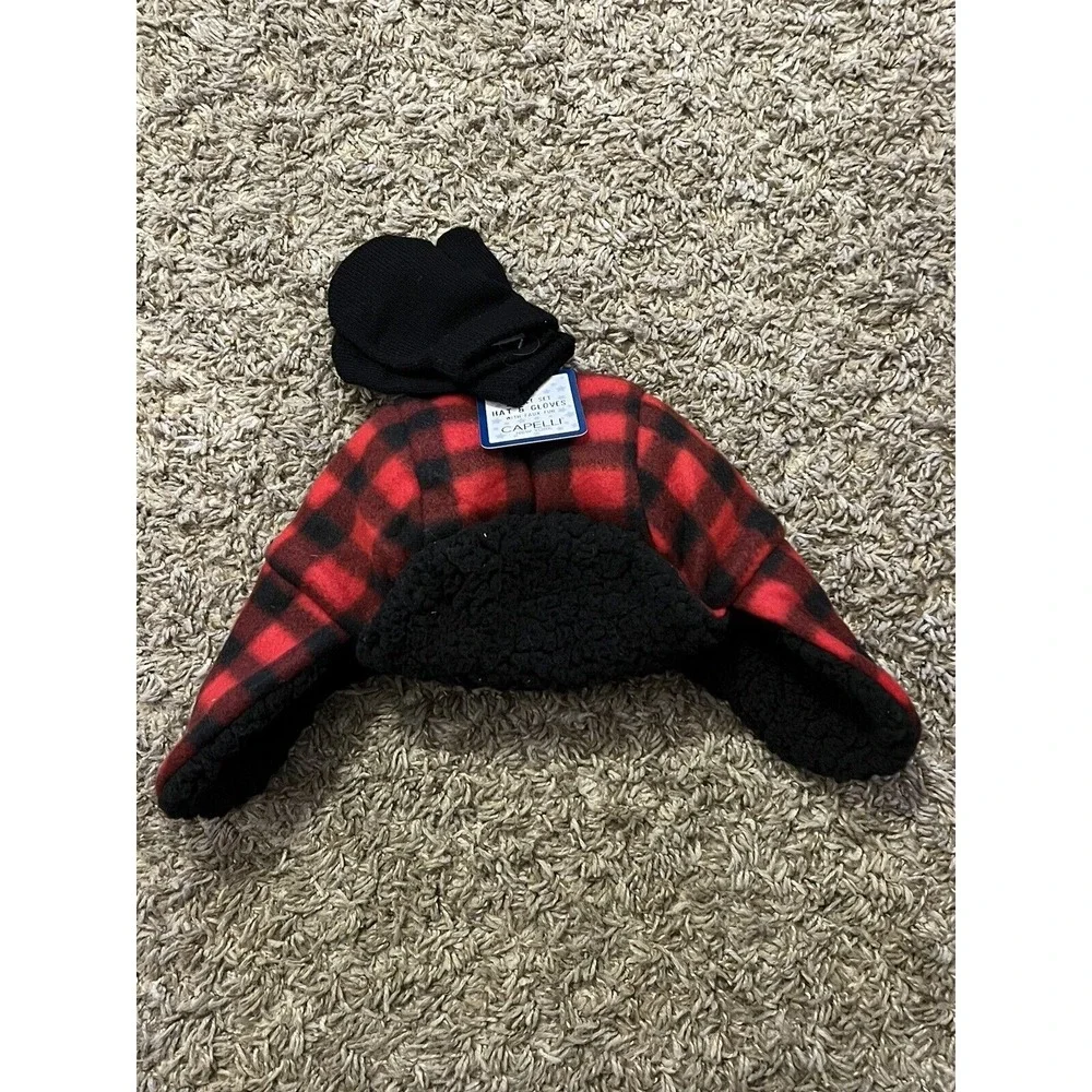 Capelli 2‎ pc Hat and Gloves Mittens Set Baby Boy Buffalo Plaid Red Black NWT